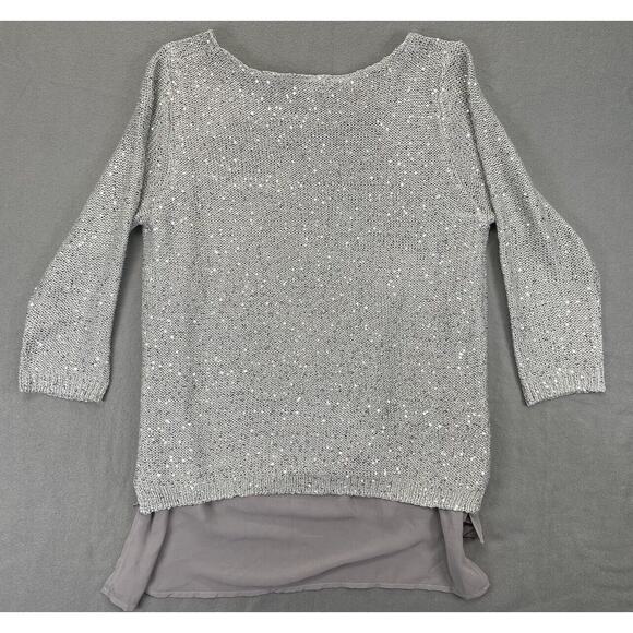 Chelsea & Theodore Women’s Large Sweater 3/4 Sleeve Sequins Gray Chiffon Liner - Picture 8 of 8